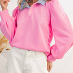 Button Striped Collar Puff Sleeve Sweatshirt | S-XL