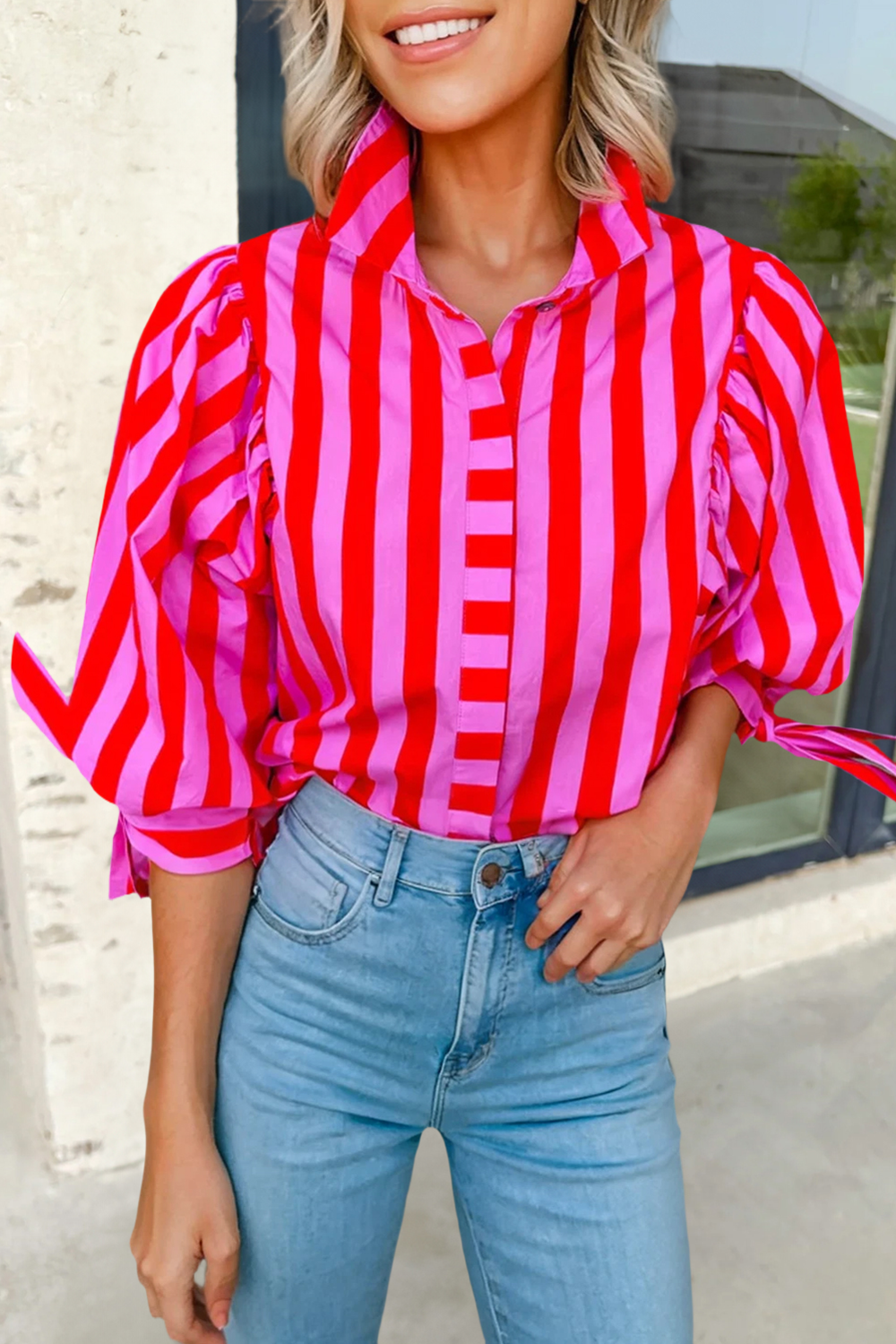 Stripe Tie Puff Sleeve Button Down Shirt SS26 | S-XL