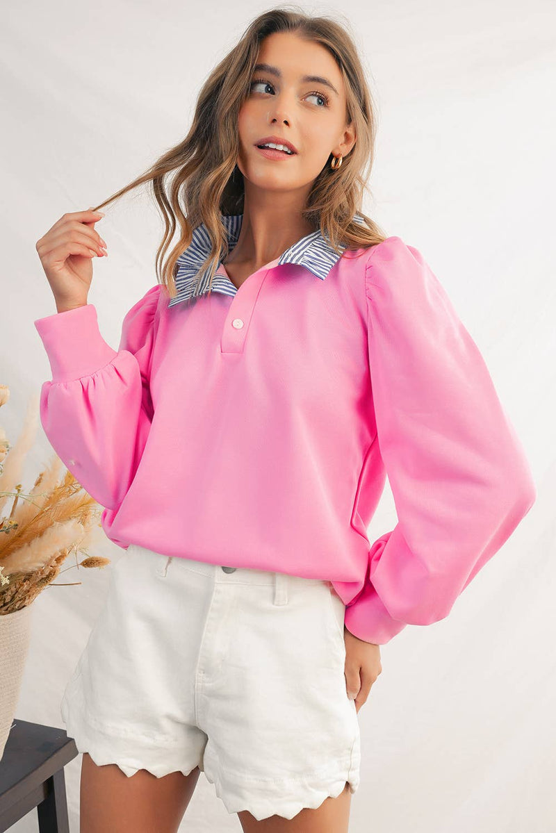 Button Striped Collar Puff Sleeve Sweatshirt | S-XL