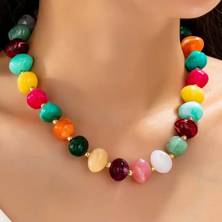 Multi Colored Pebble Beaded Necklace