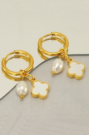 Golden Pearl Clover Hoops