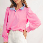 Button Striped Collar Puff Sleeve Sweatshirt | S-XL