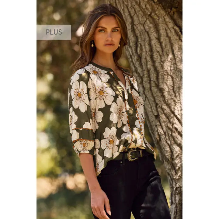 Olive Blossom Curve Top