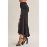 Black Slit Satin Midi Skirt