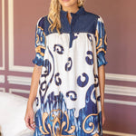 36618 Quarter Button Down Denim Yoke Border Print Dress
