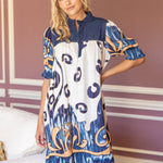 36618 Quarter Button Down Denim Yoke Border Print Dress