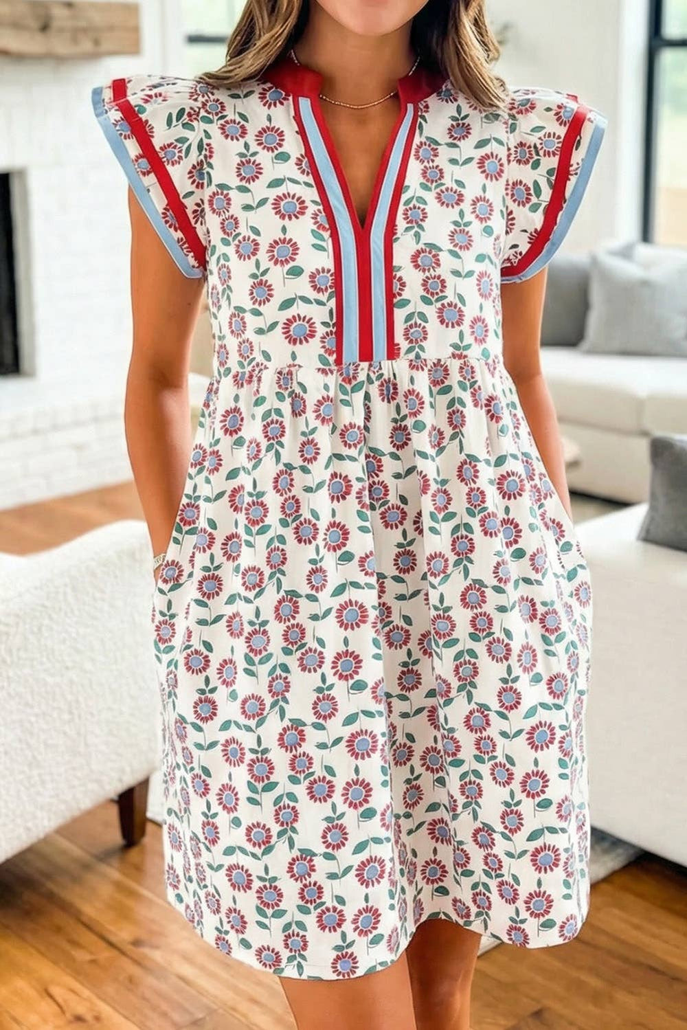 Floral Print Striped V Neck Ruffled Mini Dress S/S 26 | S-XL