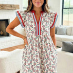 Floral Print Striped V Neck Ruffled Mini Dress S/S 26 | S-XL