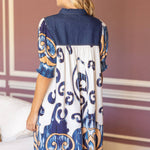 36618 Quarter Button Down Denim Yoke Border Print Dress