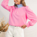 Button Striped Collar Puff Sleeve Sweatshirt | S-XL