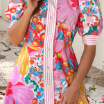 LDC Striped Trim Button Downv Floral Vacation Dress