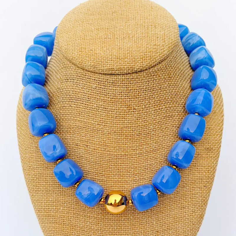 Blue Cube Beaded Necklace