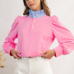 Button Striped Collar Puff Sleeve Sweatshirt | S-XL