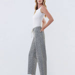 HIGH RISE DRAWSTRING GREY LEOPARD BARREL JEANS T7327GLP