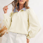 Button Striped Collar Puff Sleeve Sweatshirt | S-XL