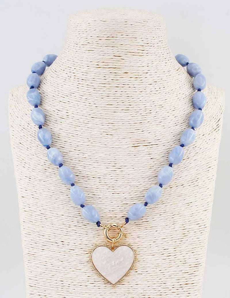 Blue Beaded Pearlized Heart Necklace