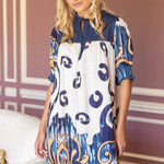 36618 Quarter Button Down Denim Yoke Border Print Dress