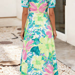 LDC Striped Trim Button Downv Floral Vacation Dress