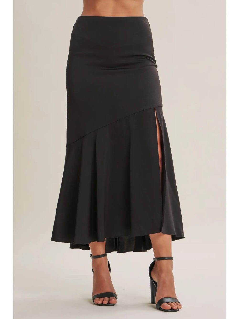 Black Slit Satin Midi Skirt