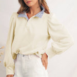 Button Striped Collar Puff Sleeve Sweatshirt | S-XL