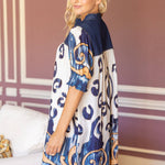 36618 Quarter Button Down Denim Yoke Border Print Dress