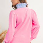 Button Striped Collar Puff Sleeve Sweatshirt | S-XL