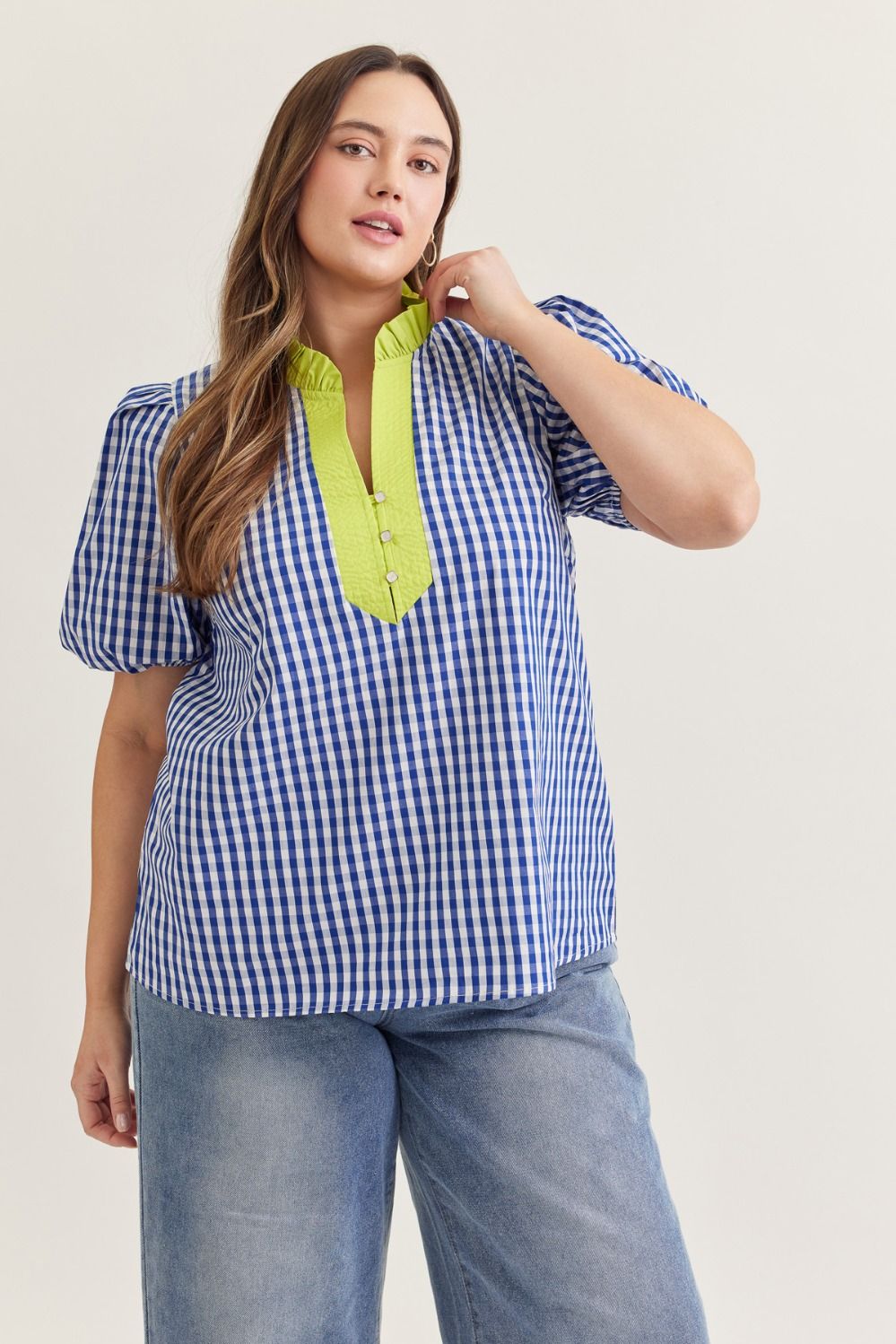 Gingham Curve Top