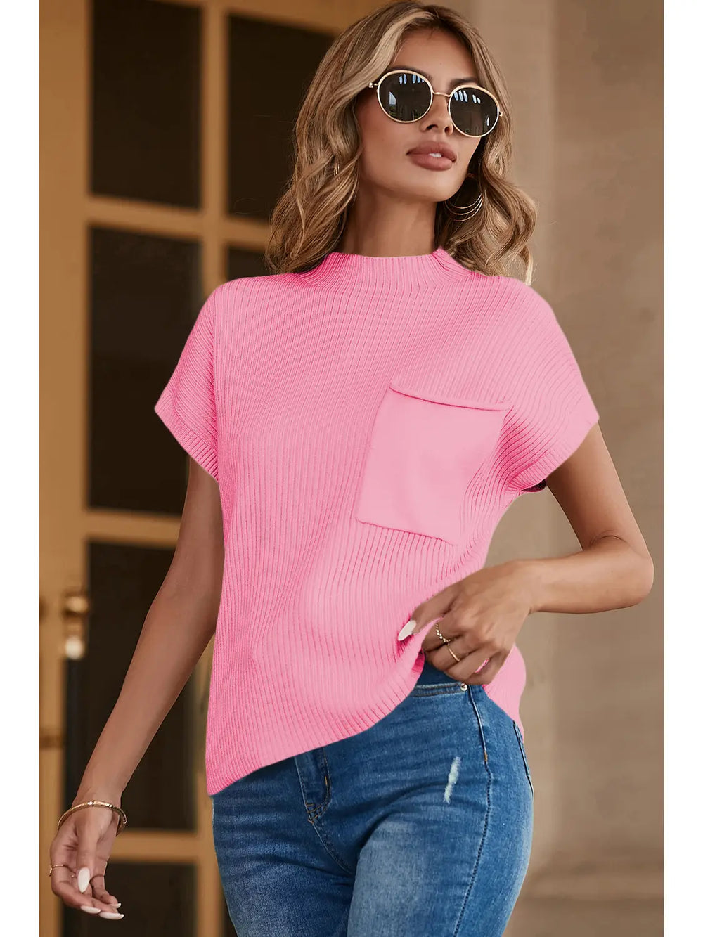 Rosy Ribbed Pocket Top