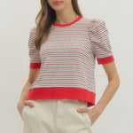 Red & Blue Puff Sleeve Sweater