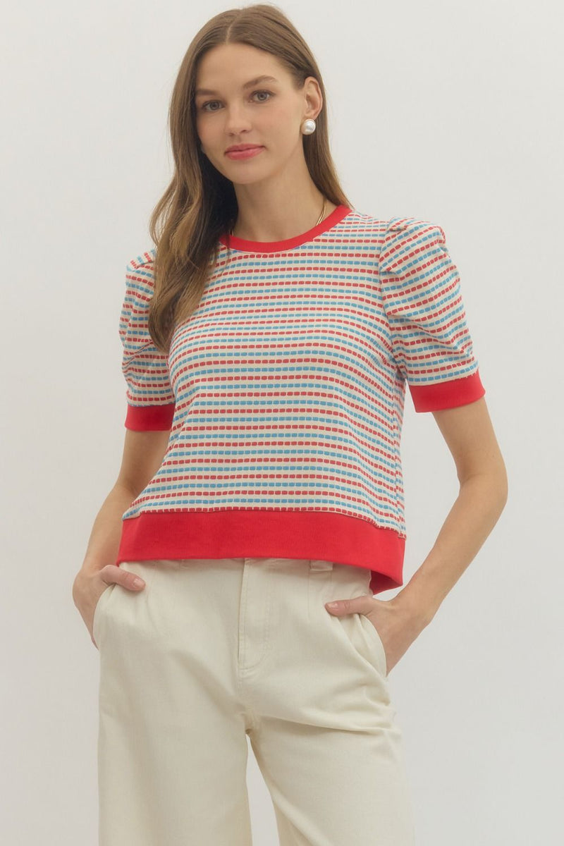 Red & Blue Puff Sleeve Sweater